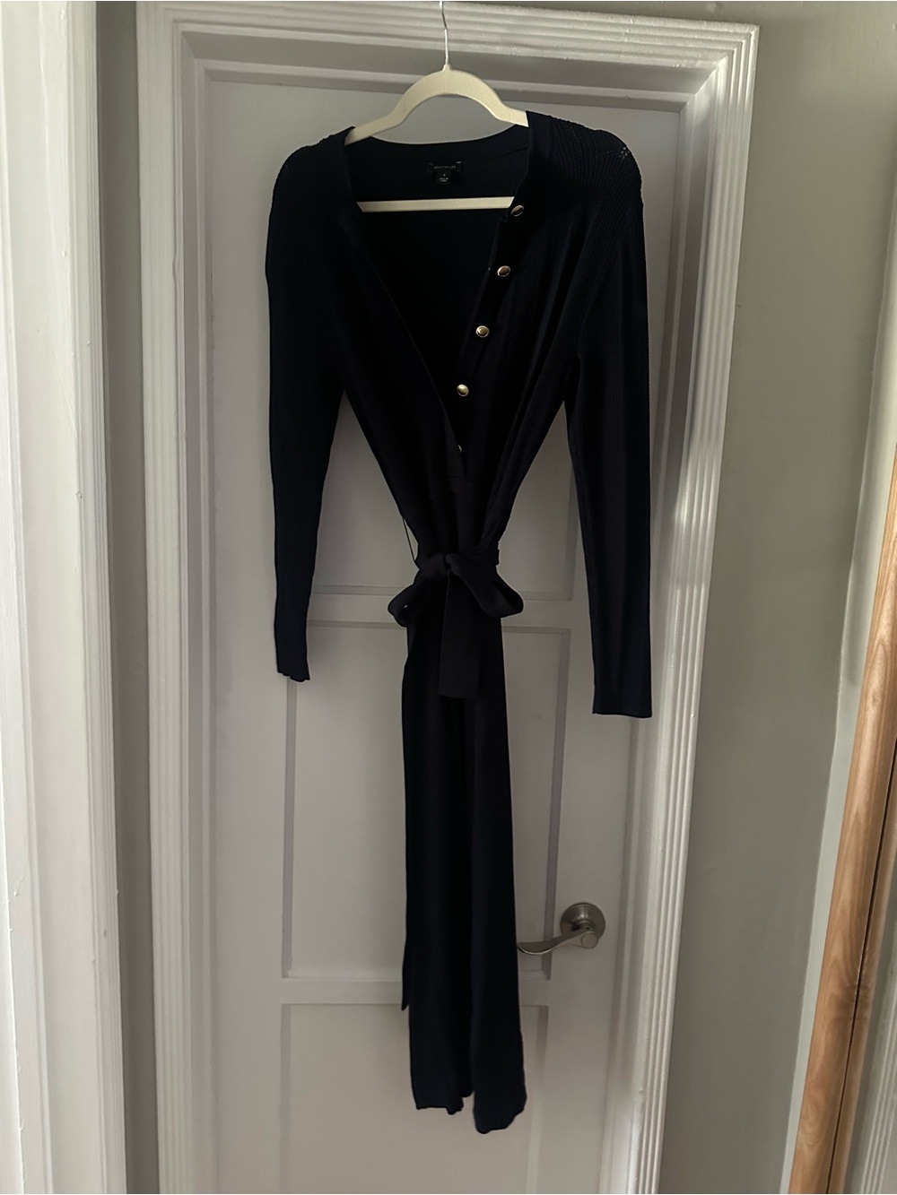 Ann Taylor Black Long-Sleeve Wrap Dress with Gold Buttons